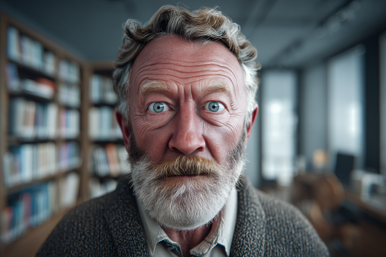 Ein Mann, der mit großen Augen geradeaus schaut | Quelle: Midjourney