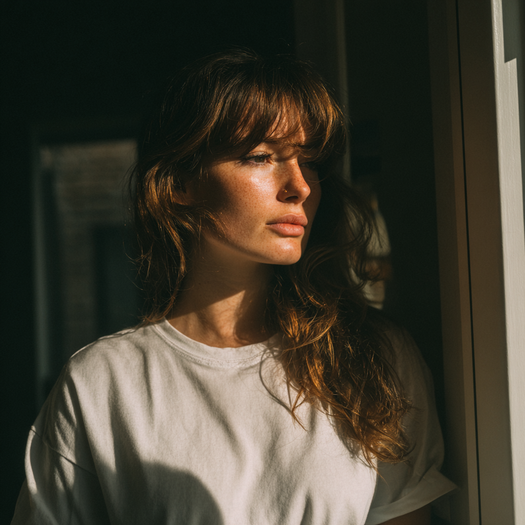 Eine nachdenkliche Frau, die auf einer Veranda steht | Quelle: Midjourney