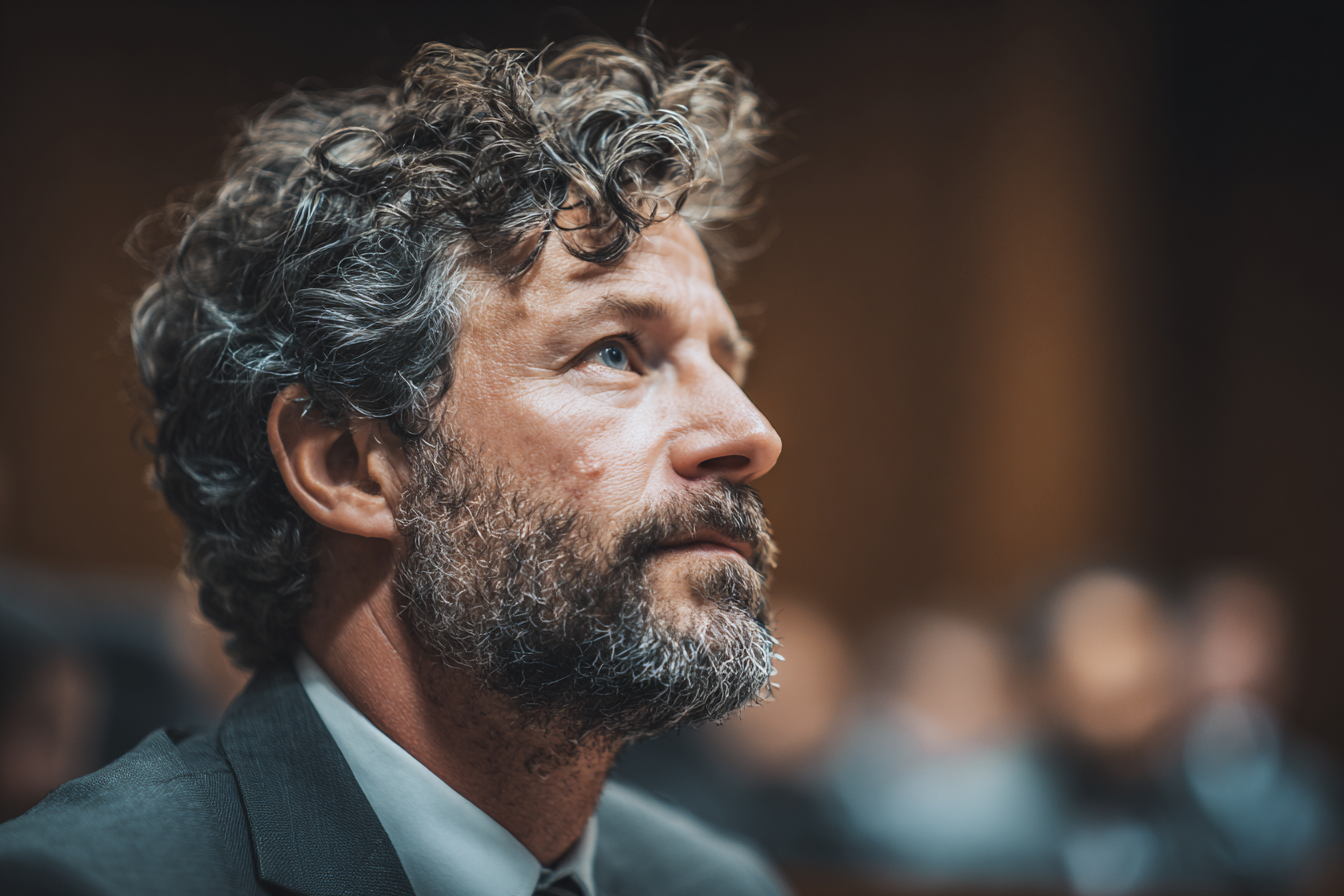 Nahaufnahme eines Anwalts in einem Gerichtssaal | Quelle: Midjourney