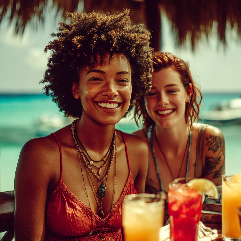 Zwei Frauen, die ein Resort am Meer genießen | Quelle: Midjourney