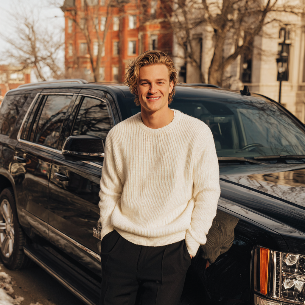 Ein lächelnder Mann, der vor einem Auto steht | Quelle: Midjourney