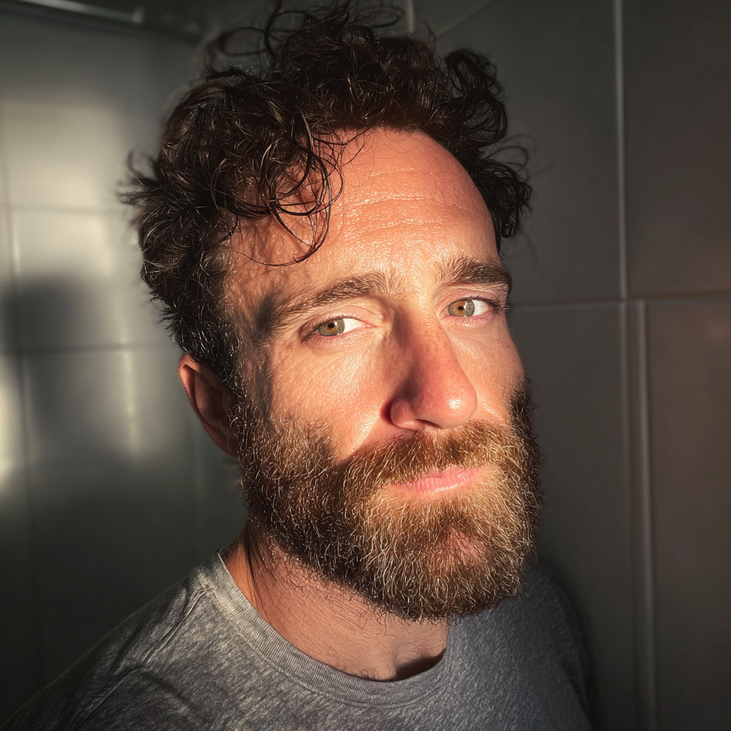 Ein Mann, der ein graues T-Shirt trägt und in einem Badezimmer steht | Quelle: Midjourney
