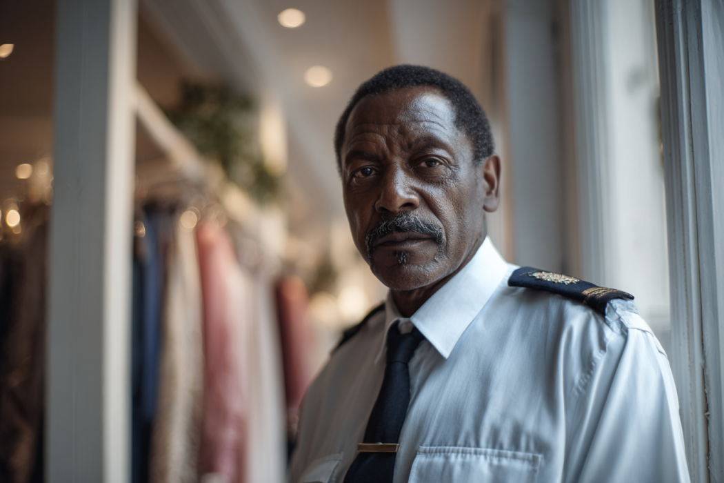 Ein Wachmann in einem Bekleidungsgeschäft | Quelle: Midjourney