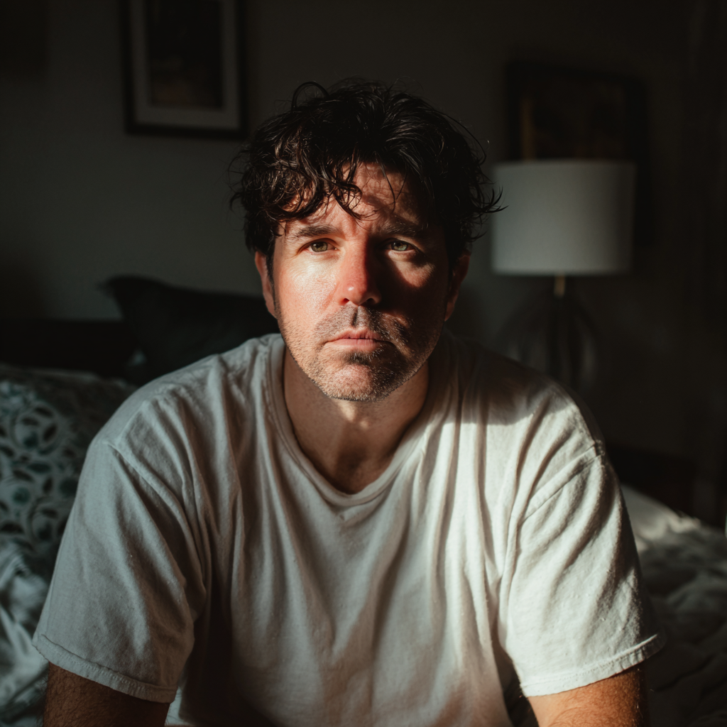 Ein besorgter Mann sitzt auf einem Bett | Quelle: Midjourney