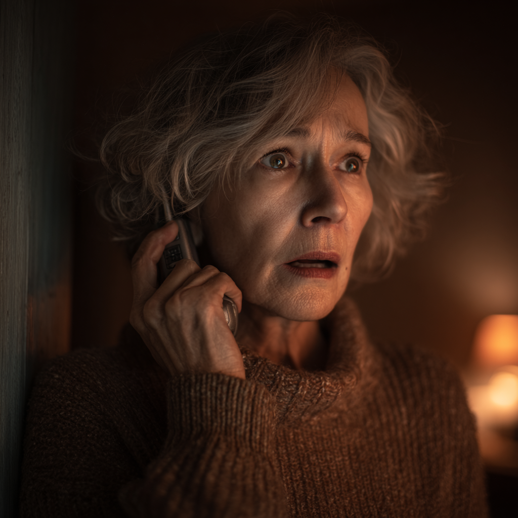 Eine erschrockene Frau, die ein Spielzeug-Walkie-Talkie an ihr Ohr drückt und lauscht | Quelle: Midjourney