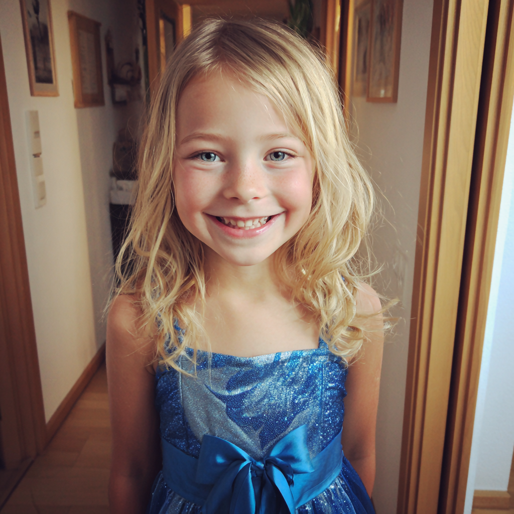 Ein glückliches kleines Mädchen in einem blauen Kleid | Quelle: Midjourney