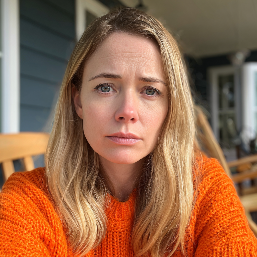 Eine Frau sitzt auf einer Veranda und trägt einen orangefarbenen Pullover | Quelle: Midjourney