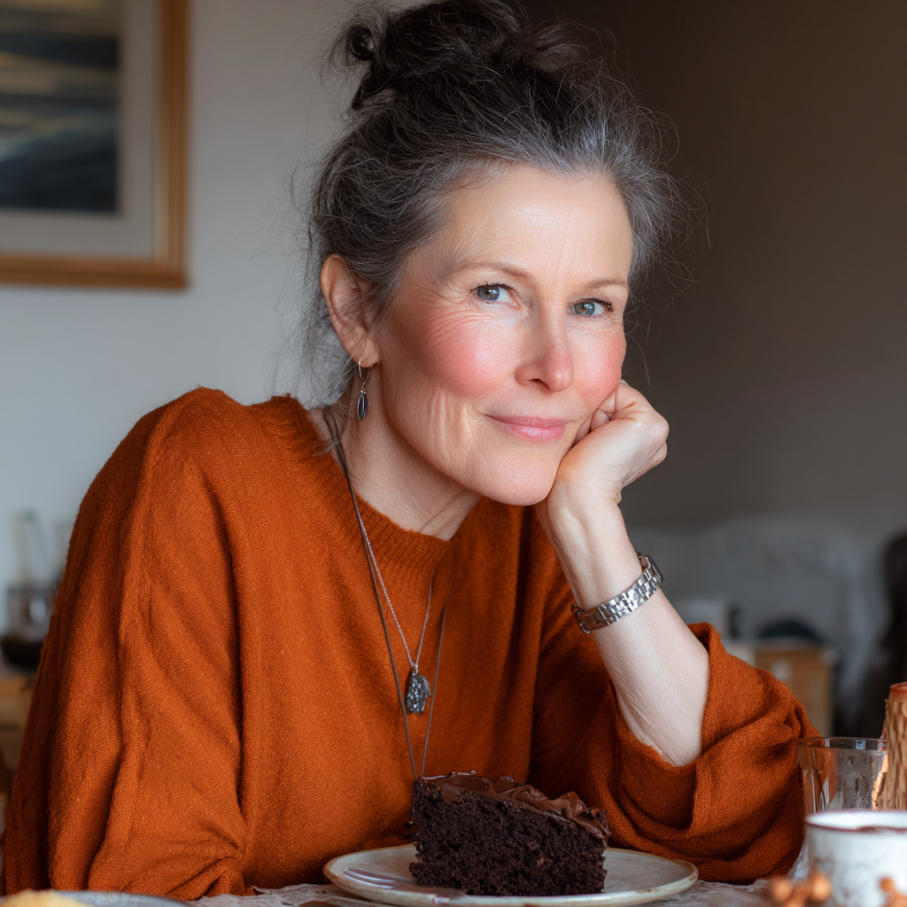 Eine ältere Frau sitzt an einem Tisch mit einem Stück Kuchen | Quelle: Midjourney