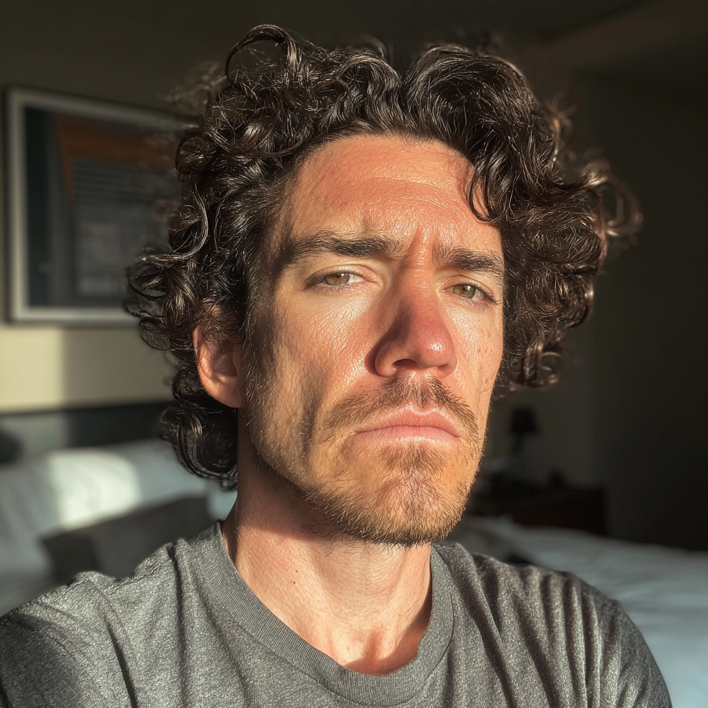 Ein stirnrunzelnder Mann mit einem grauen T-Shirt | Quelle: Midjourney