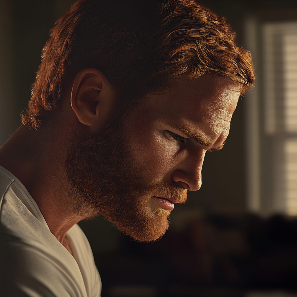 Boczne ujęcie przygnębionego mężczyzny patrzącego w dół | Źródło: Midjourney