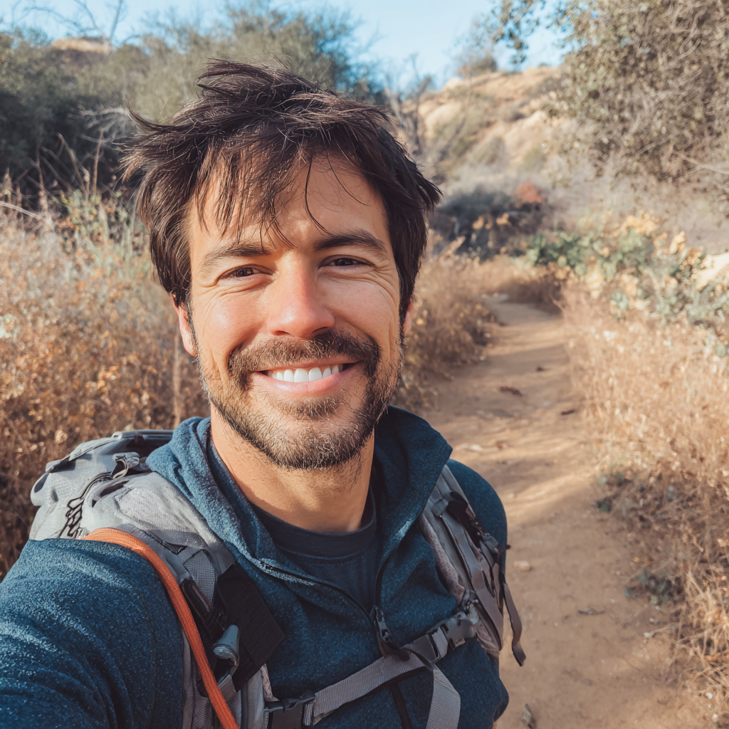 Ein lächelnder Mann auf einem Wanderweg | Quelle: Midjourney