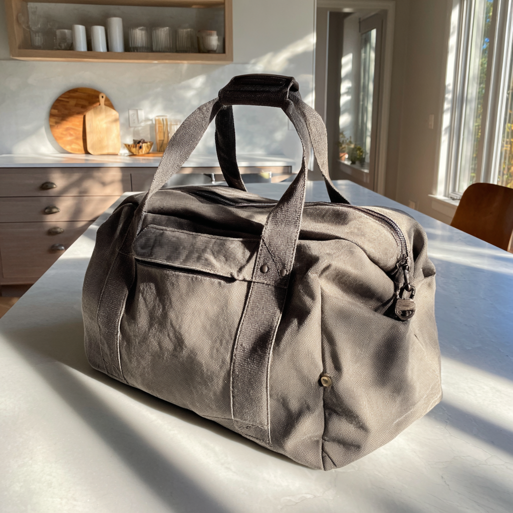 Ein grauer Seesack auf einem Tisch | Quelle: Midjourney