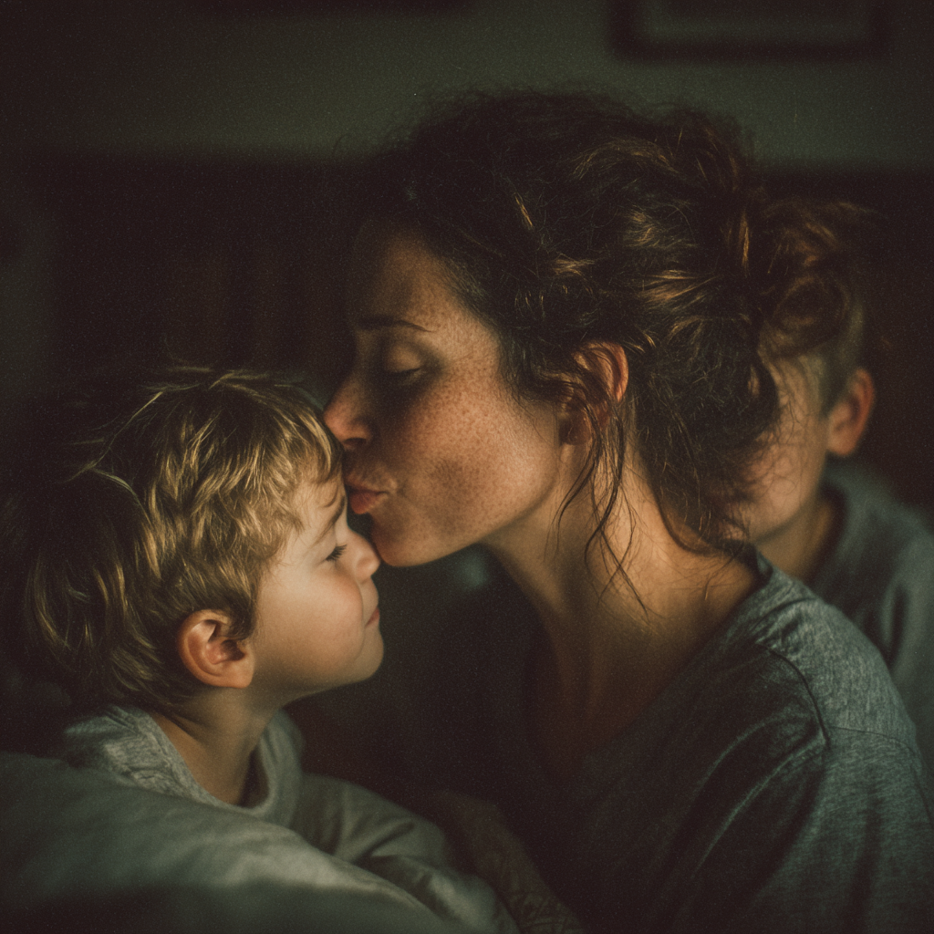 Eine Mutter, die ihre Kinder ins Bett bringt | Quelle: Midjourney