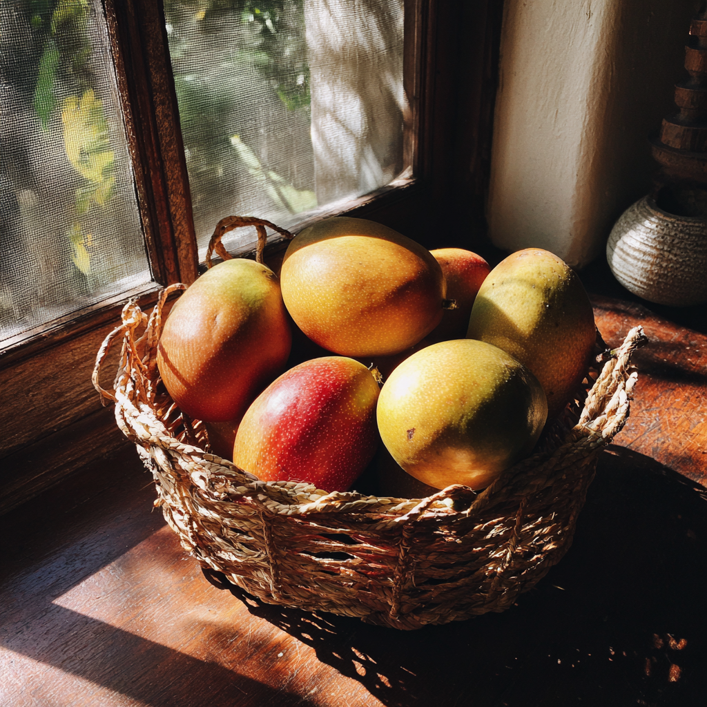 Ein Korb mit frischen Mangos | Quelle: Midjourney