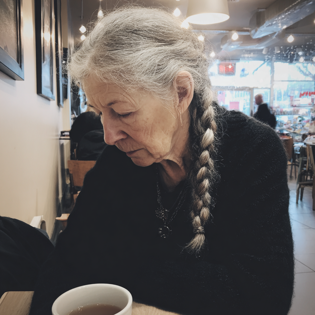 Eine ältere Frau sitzt an einem Tisch | Quelle: Midjourney