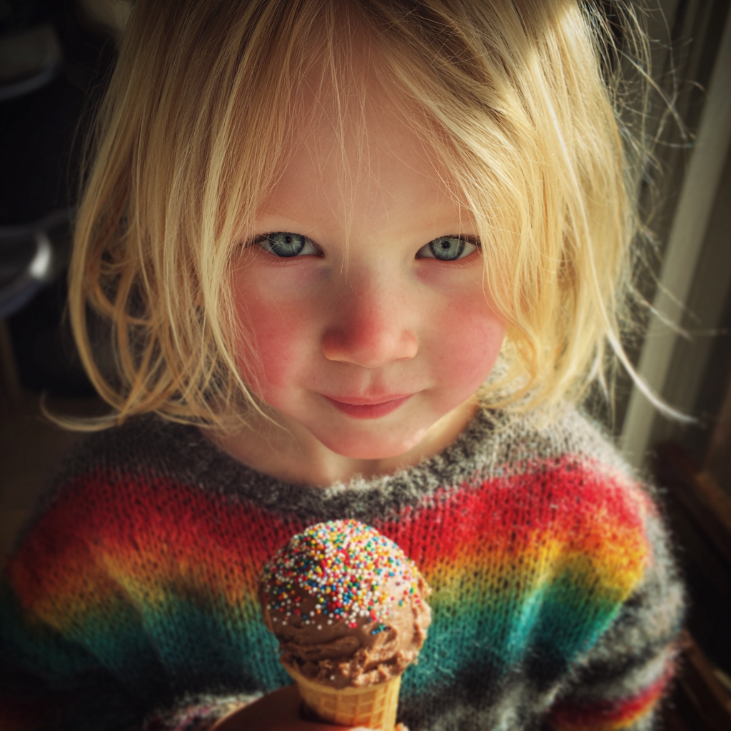 Ein kleines Mädchen mit einer Eiswaffel in der Hand | Quelle: Midjourney