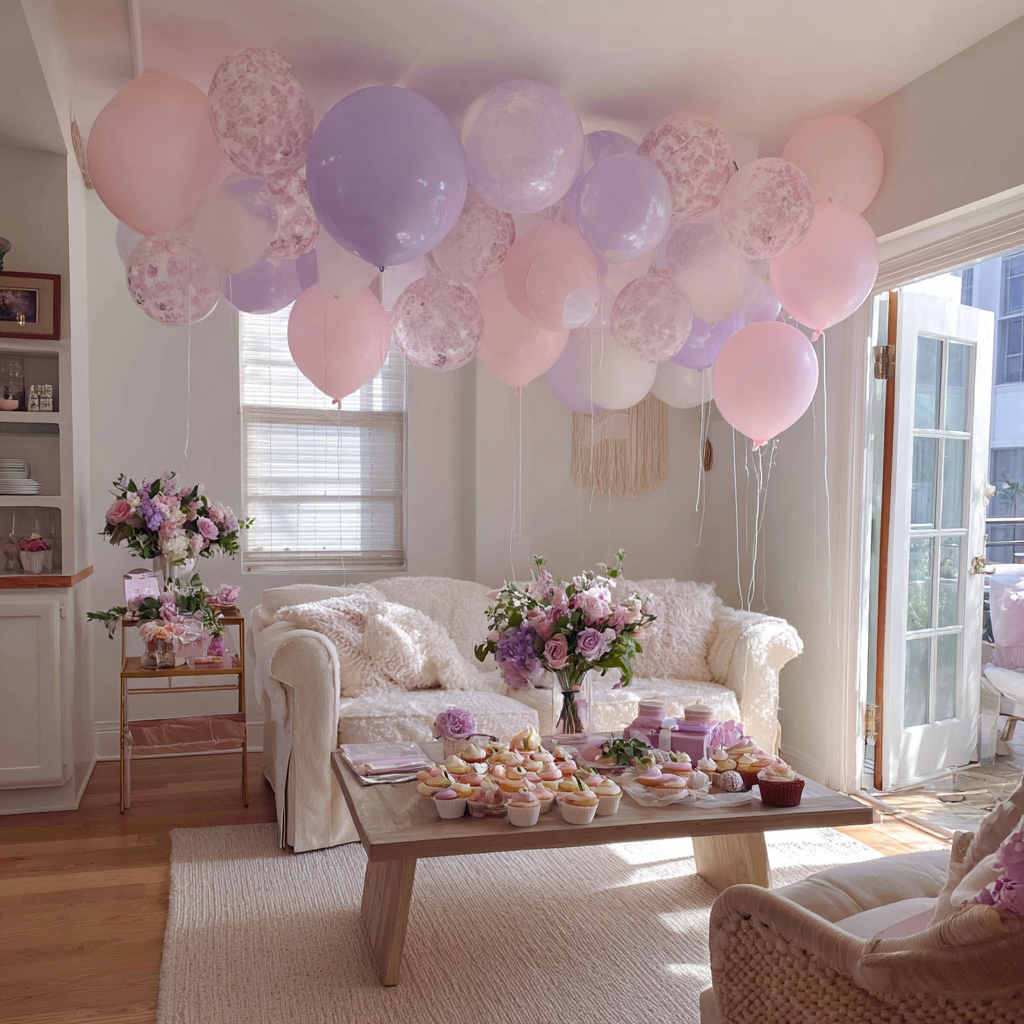 Ein Wohnzimmer dekoriert für eine Babyparty | Quelle: Midjourney