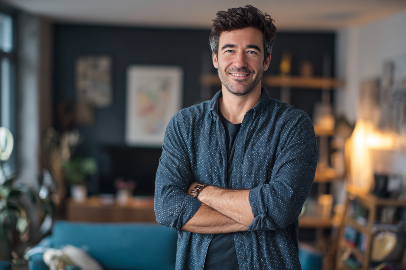 Ein Mann steht in seinem Wohnzimmer | Quelle: Midjourney