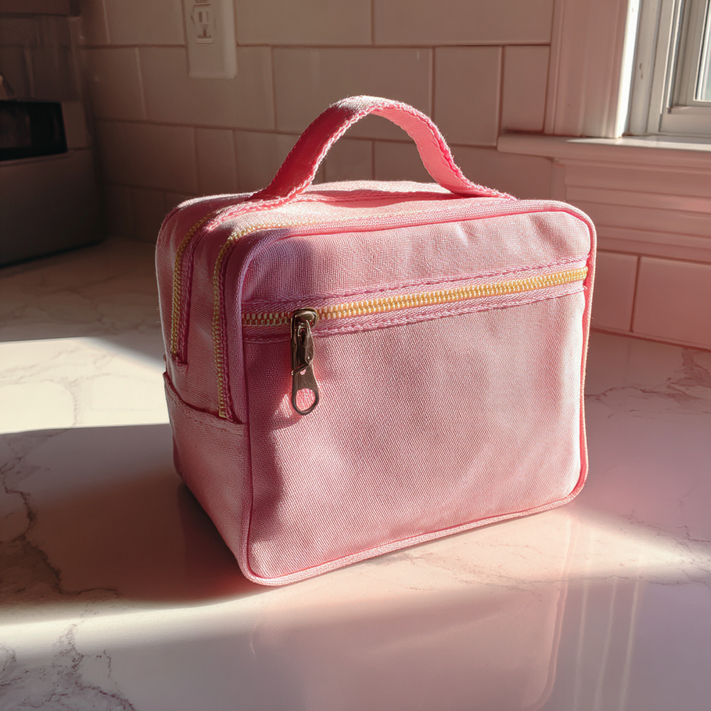 Eine rosafarbene Lunchtasche auf einer Küchentheke | Quelle: Midjourney