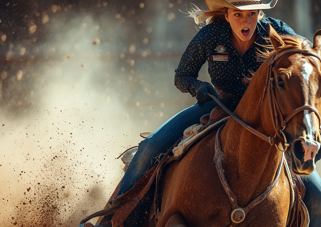 Eine Frau, die auf einem Pferd reitet und schockiert auf etwas starrt | Quelle: Midjourney