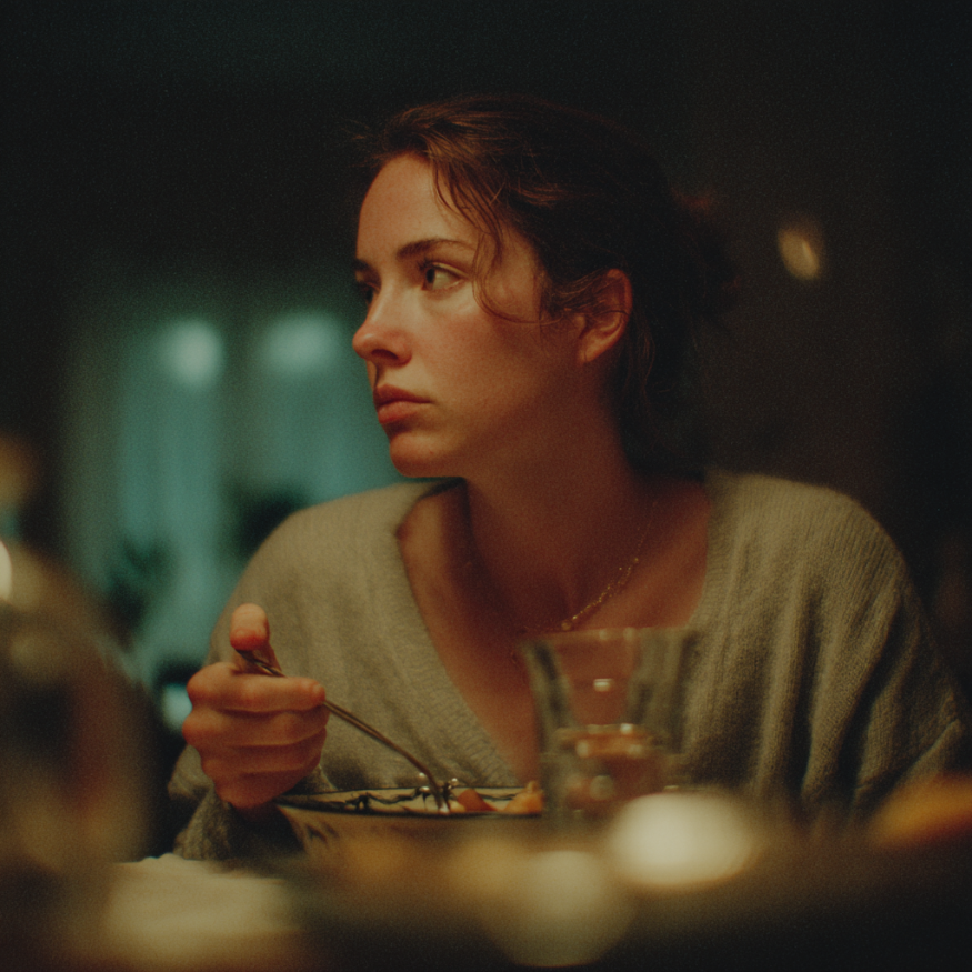 Eine Frau hält einen Löffel an einem Esstisch | Quelle: Midjourney