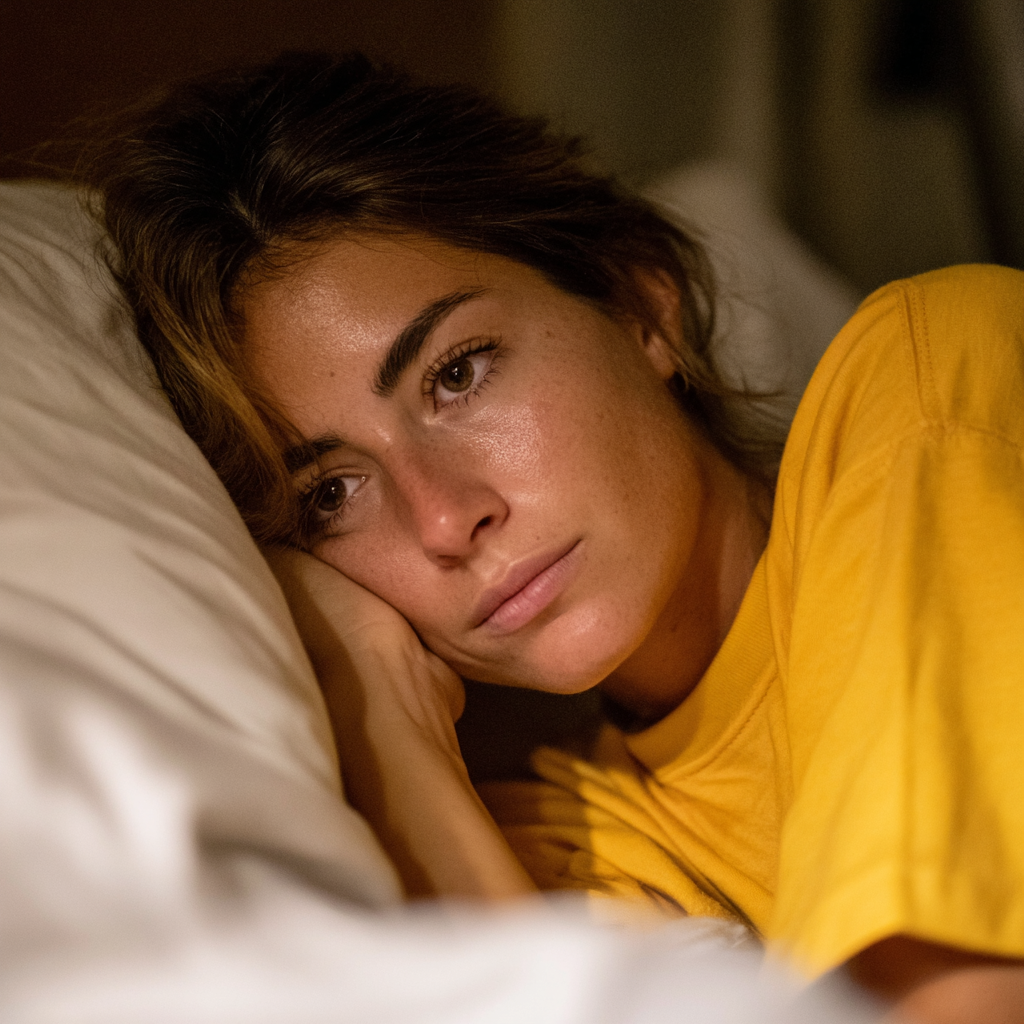 Eine besorgte Frau liegt im Bett | Quelle: Midjourney