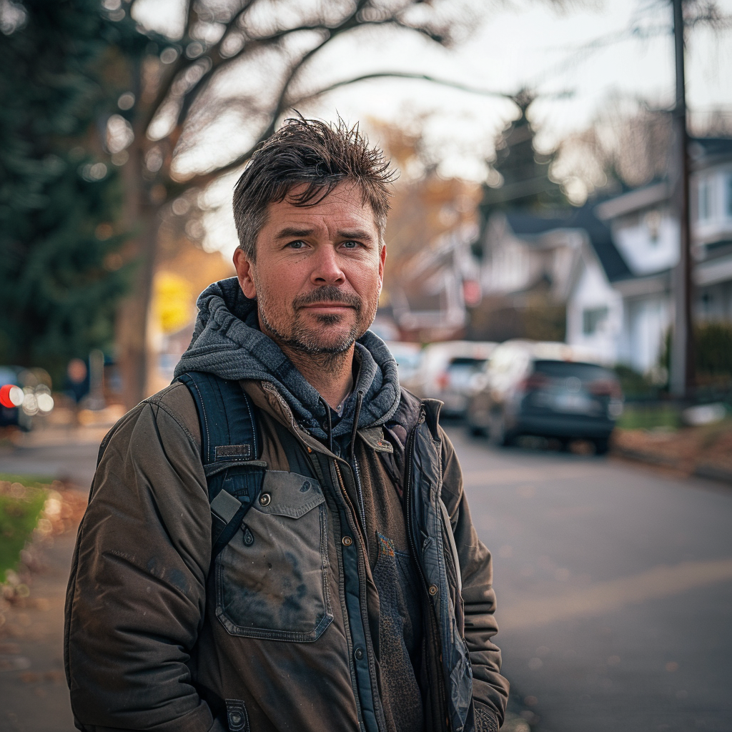 Ein berechtigter Mann, der in einer Nachbarschaft steht | Quelle: Midjourney