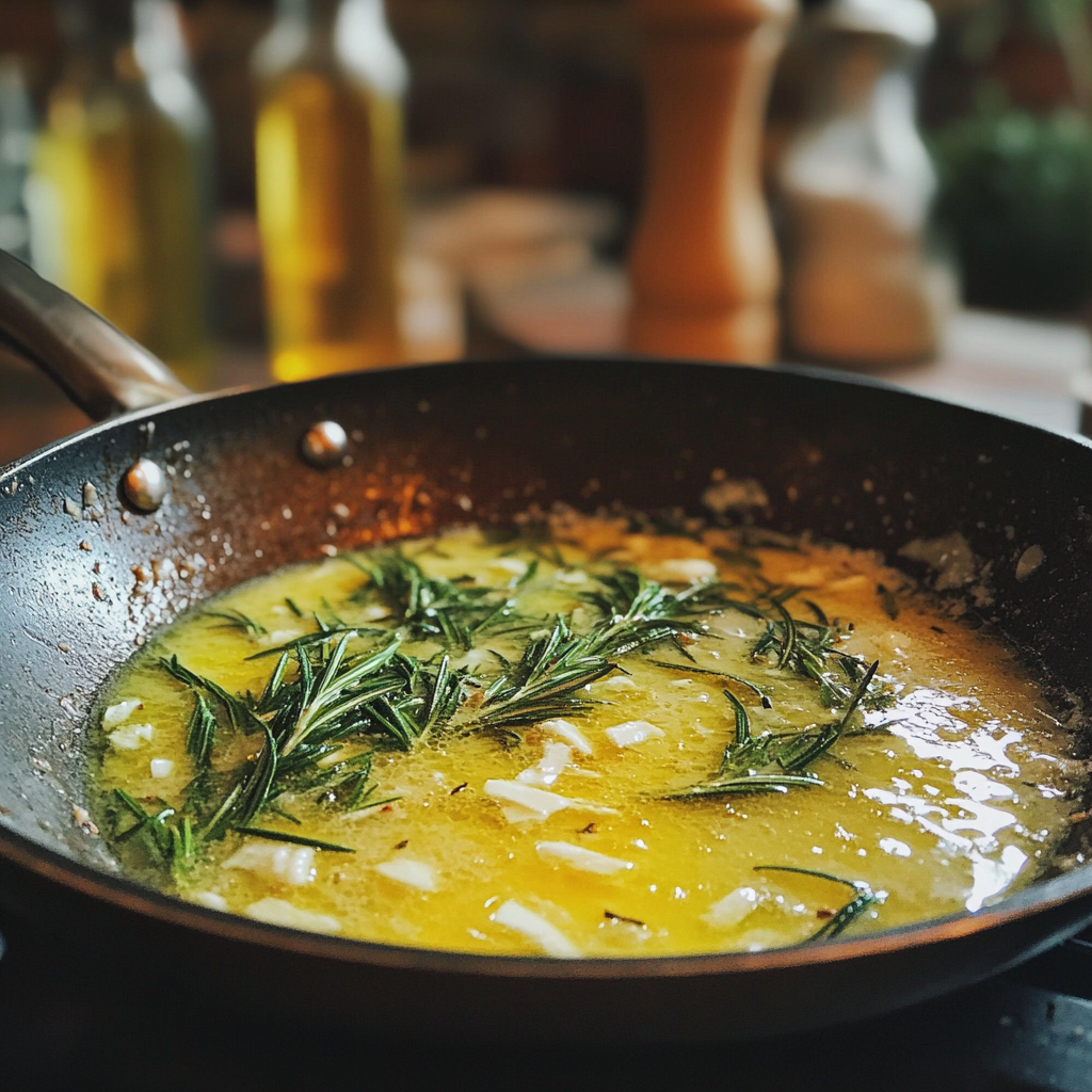 Butter, Knoblauch und Rosmarin in einer Pfanne | Quelle: Midjourney
