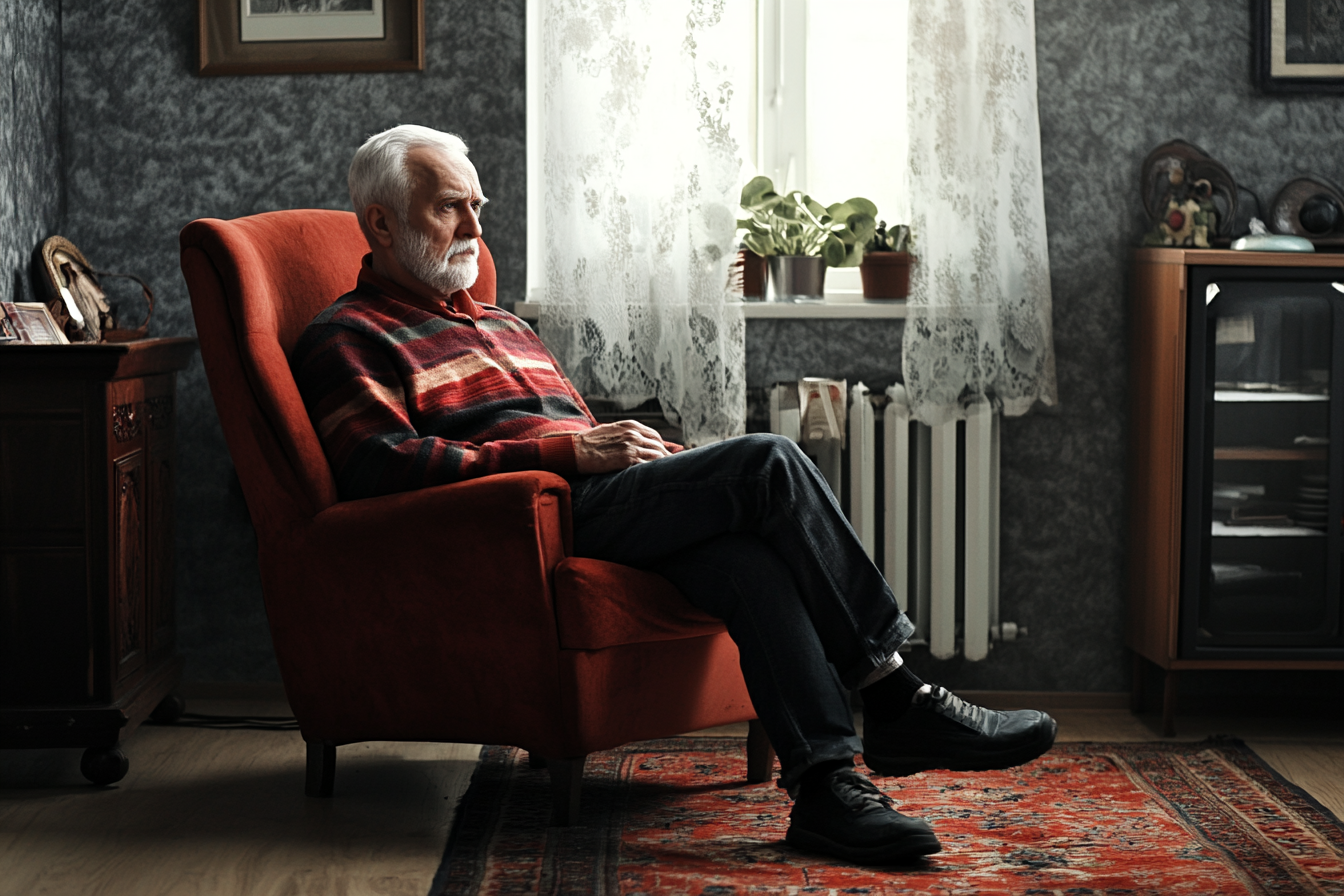 Ein Mann sitzt in einem Sessel in einem Wohnzimmer | Quelle: Midjourney