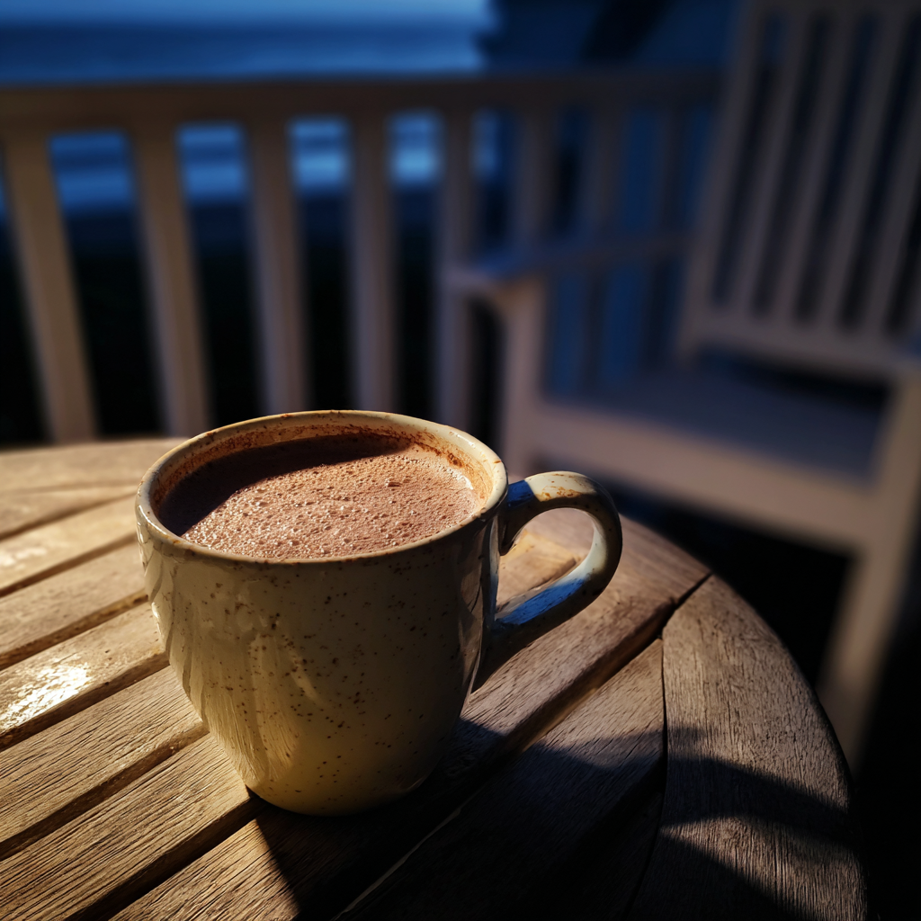 Eine Tasse mit heißem Kakao auf einem Tisch | Quelle: Midjourney