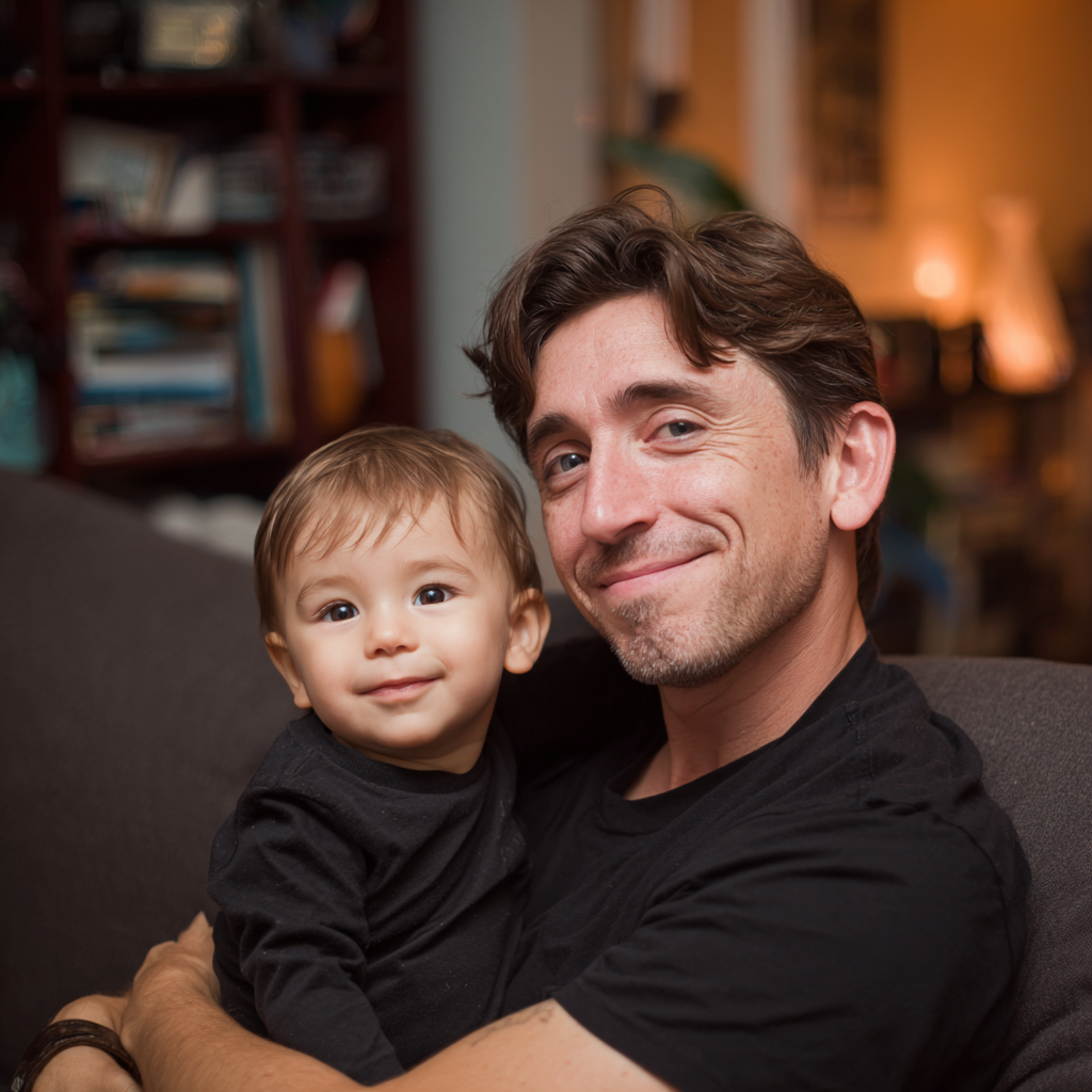 Ein lächelnder Mann hält seinen Sohn im Arm | Quelle: Midjourney