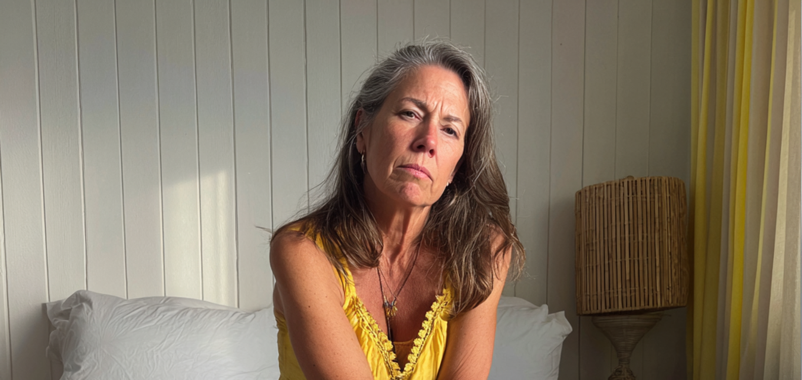 Eine stirnrunzelnde Frau, die auf einem Bett sitzt | Quelle: Midjourney