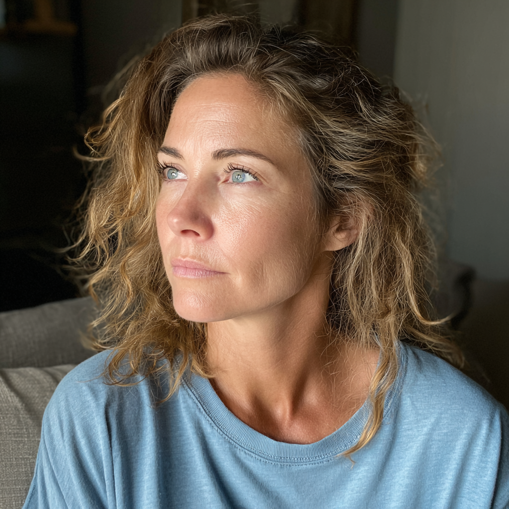 Eine emotionale Frau in einem blauen T-Shirt | Quelle: Midjourney