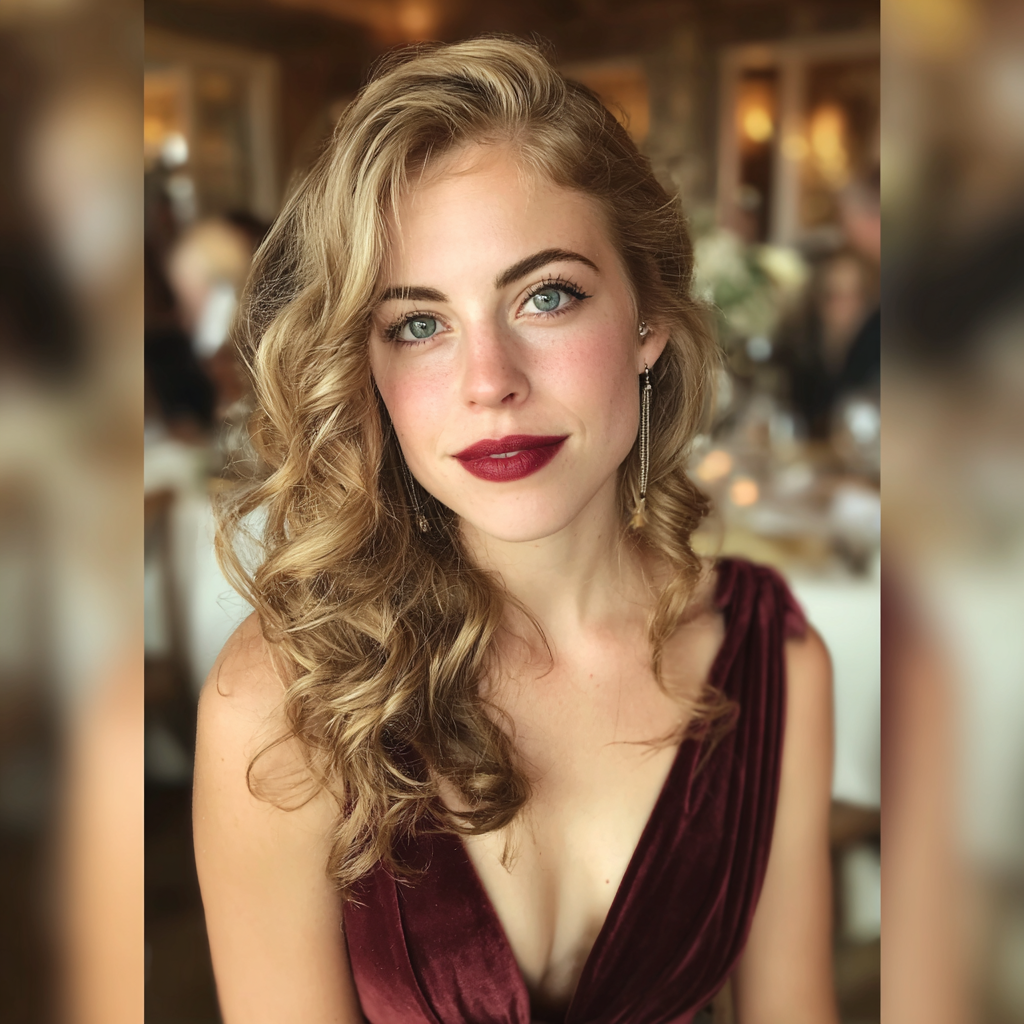Eine Frau in einem weinrotem Kleid bei einer Hochzeitsfeier | Quelle: Midjourney