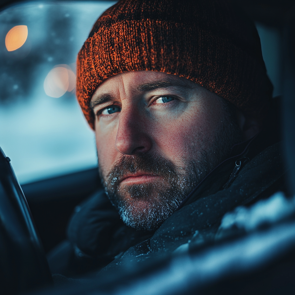 Ein ernster Mann sitzt in seinem Auto | Quelle: Midjourney