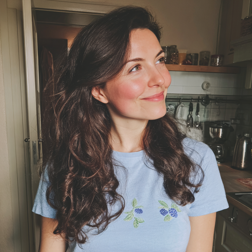 Eine lächelnde Frau, die in einer Küche steht | Quelle: Midjourney