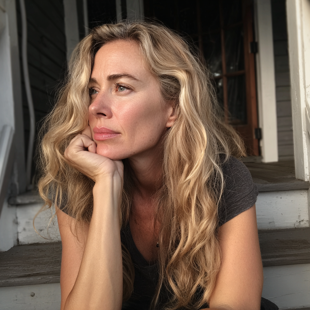 Eine Frau, die auf einer Verandastufe sitzt | Quelle: Midjourney