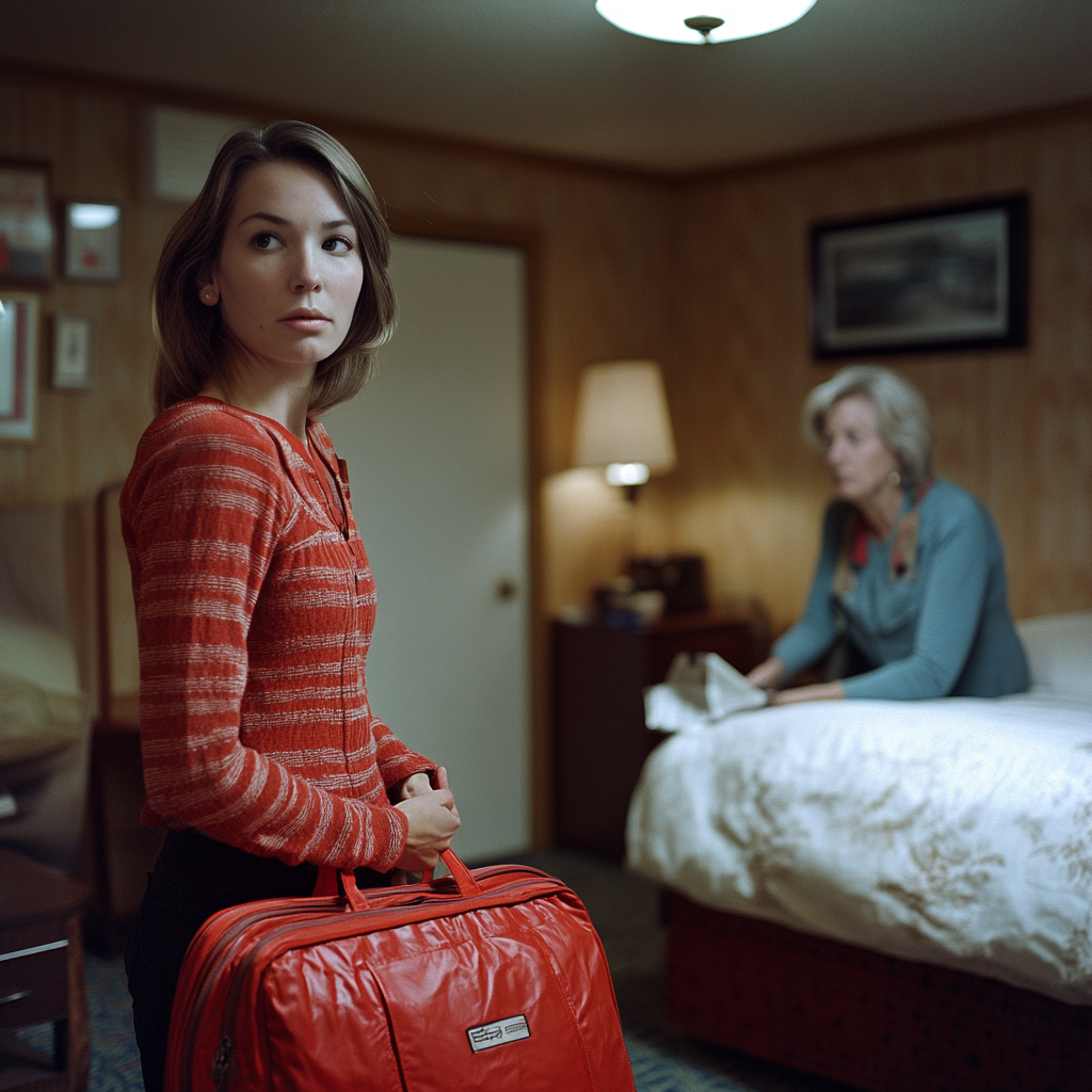 Sarah hält ihre Tasche, während Evelyn sie beobachtet | Quelle: Midjourney