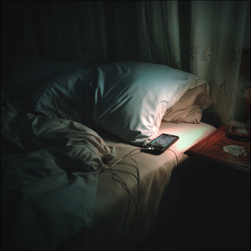 Ein Mobiltelefon auf einem Bett | Quelle: Midjourney