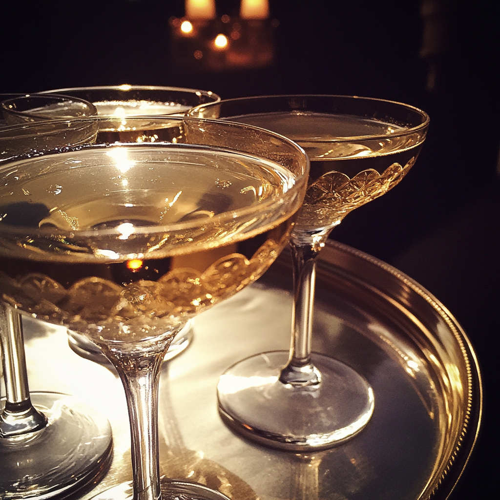 Ein Tablett mit Champagnercoupes | Quelle: Midjourney