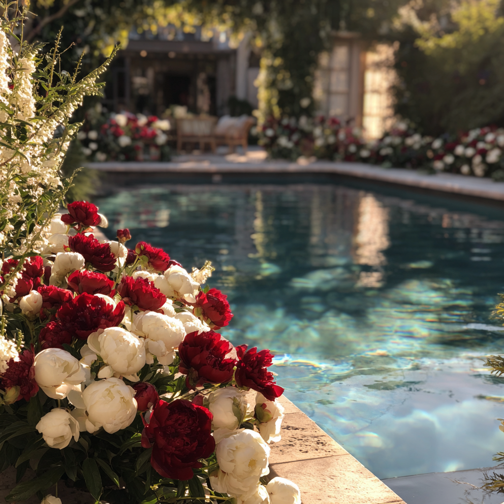 Blumensträuße an einem Pool | Quelle: Midjourney