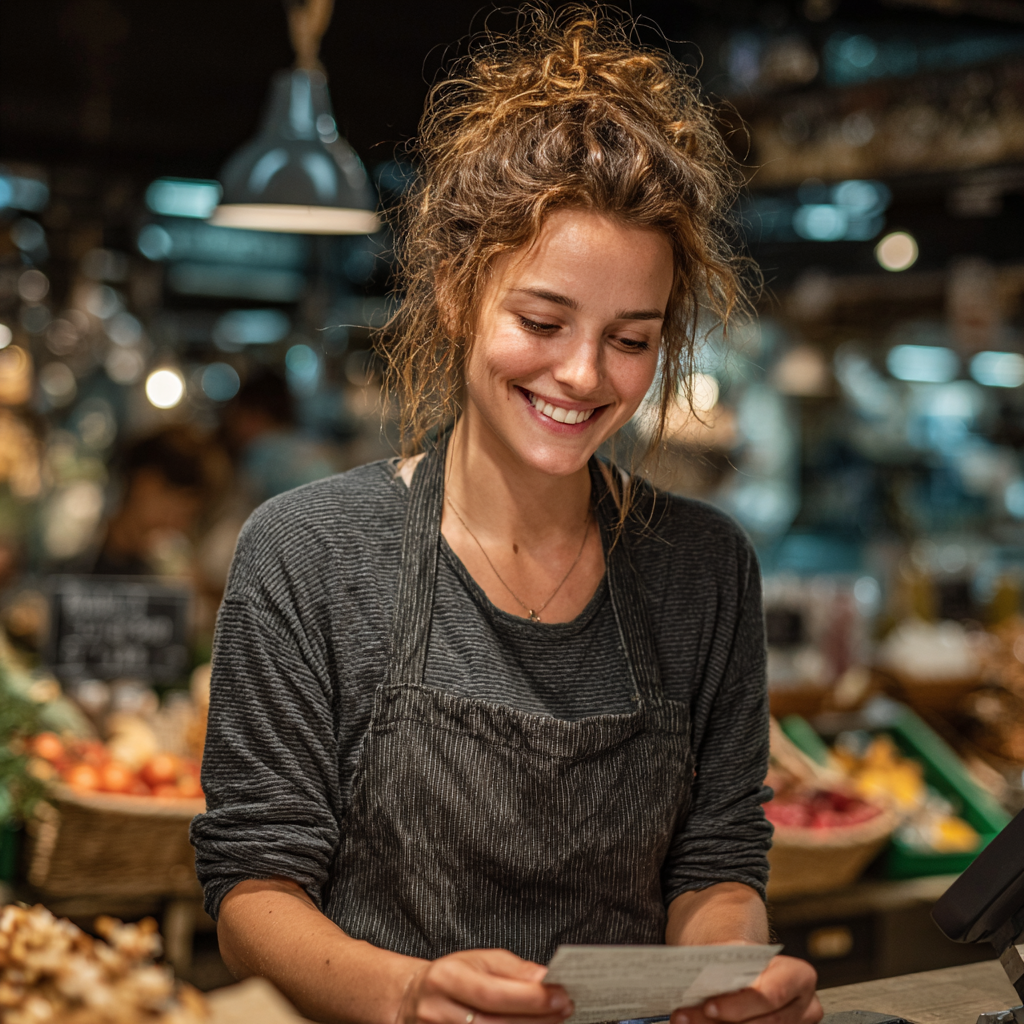Eine glückliche Kassiererin, die einen Zettel liest | Quelle: Midjourney