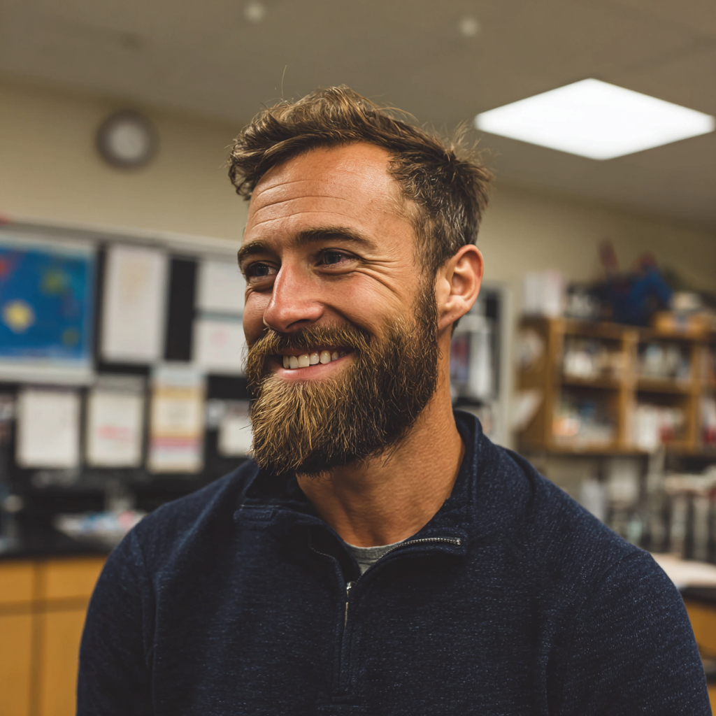 Ein lächelnder Mann steht in einem Klassenzimmer | Quelle: Midjourney