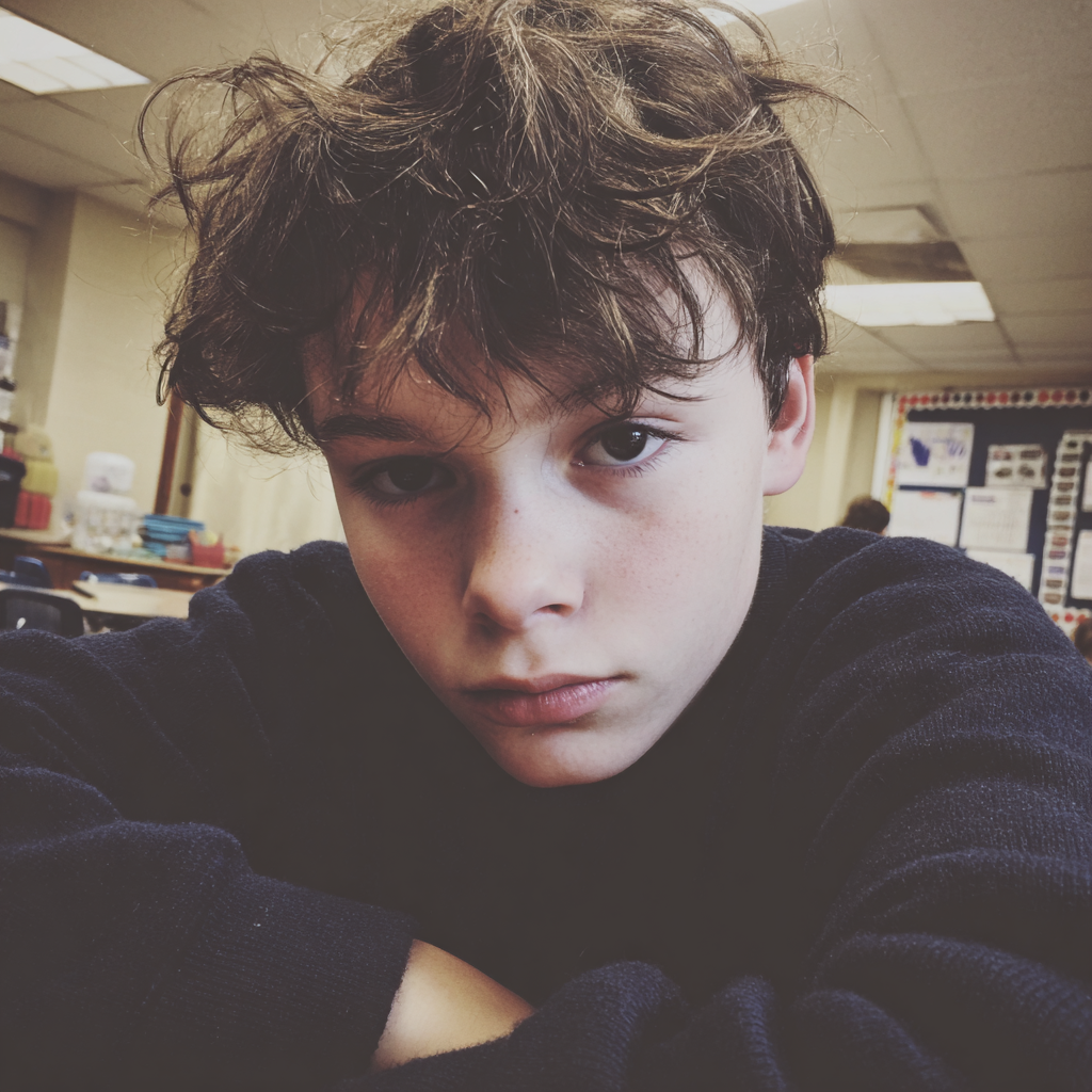 Ein Junge sitzt in einem Klassenzimmer | Quelle: Midjourney