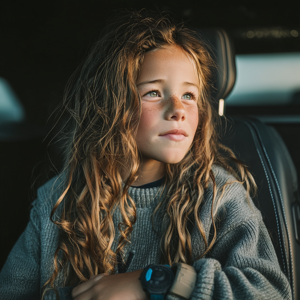 Ein Kind, das auf dem Rücksitz eines Autos nach draußen schaut | Quelle: Midjourney