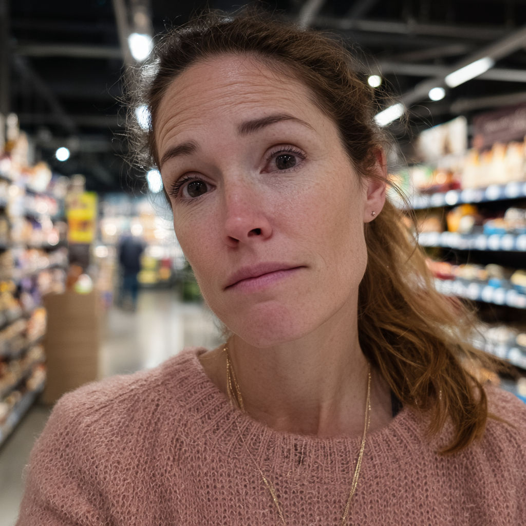 Eine stirnrunzelnde Frau, die einen rosa Pullover trägt | Quelle: Midjourney