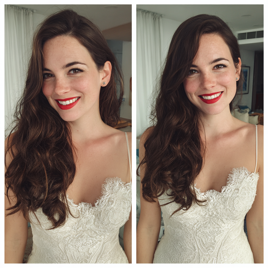 Eine lächelnde Frau in einem Hochzeitskleid | Quelle: Midjourney